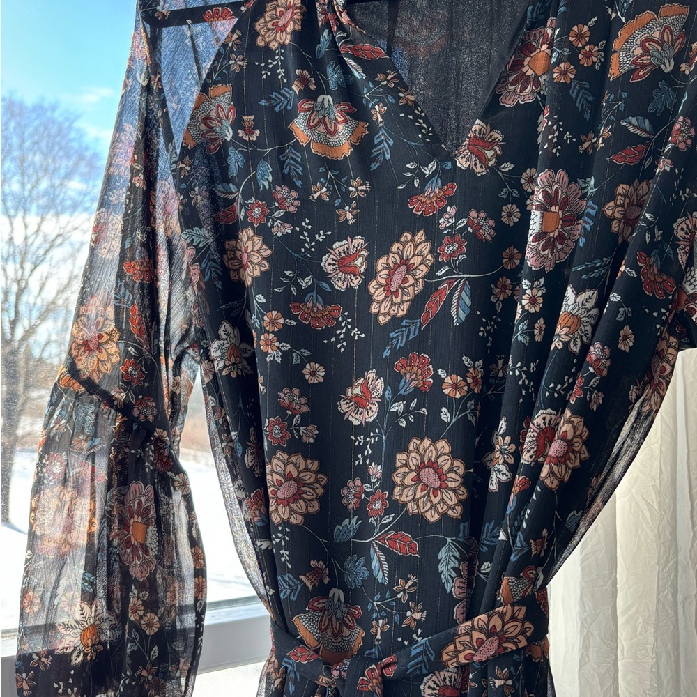 Floral Boho Maxi Dress. Gold accent stitching.